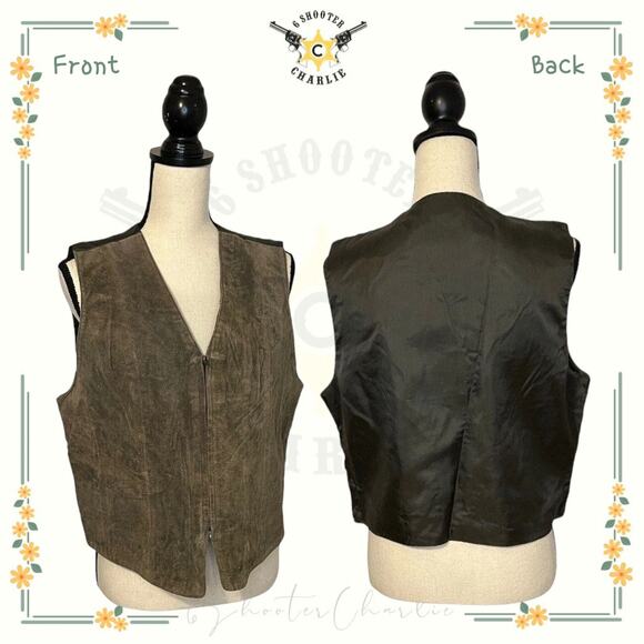 Vintage Kathy Ireland Green Suede Leather Vest 90s Y2k Size L Boho Western - Picture 1 of 7